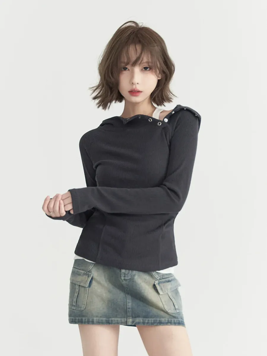 Button Slim Hooded Shoulder Top