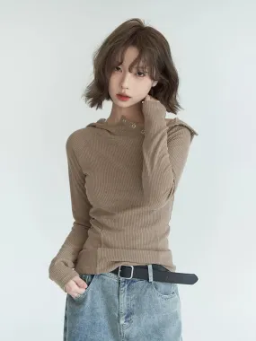 Button Slim Hooded Shoulder Top