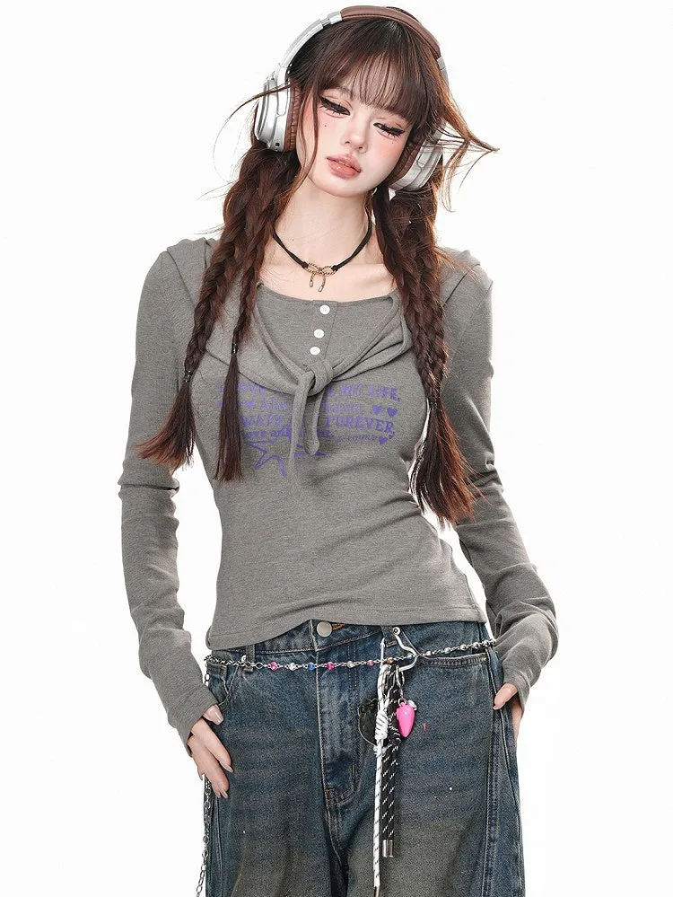 Grey/Brown Letters Print Slim-fit Long Sleeves Hooded Tee