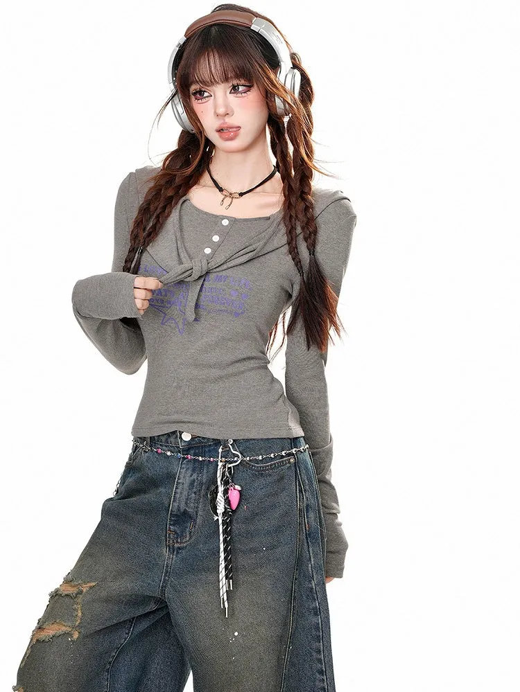 Grey/Brown Letters Print Slim-fit Long Sleeves Hooded Tee