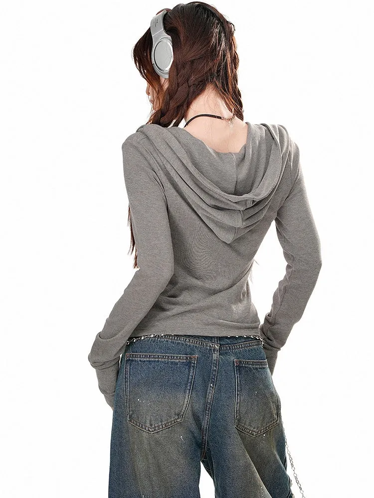Grey/Brown Letters Print Slim-fit Long Sleeves Hooded Tee