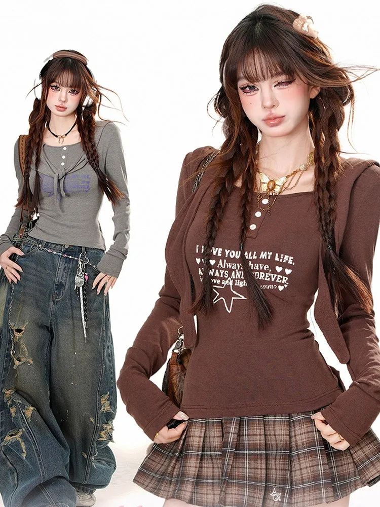 Grey/Brown Letters Print Slim-fit Long Sleeves Hooded Tee