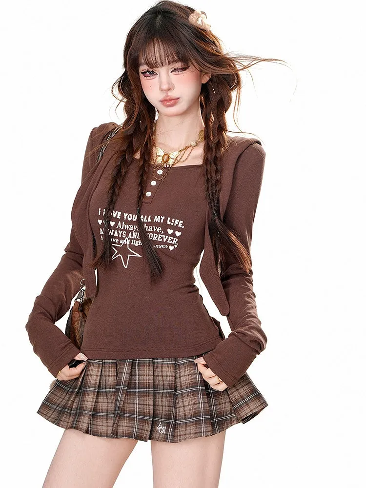 Grey/Brown Letters Print Slim-fit Long Sleeves Hooded Tee