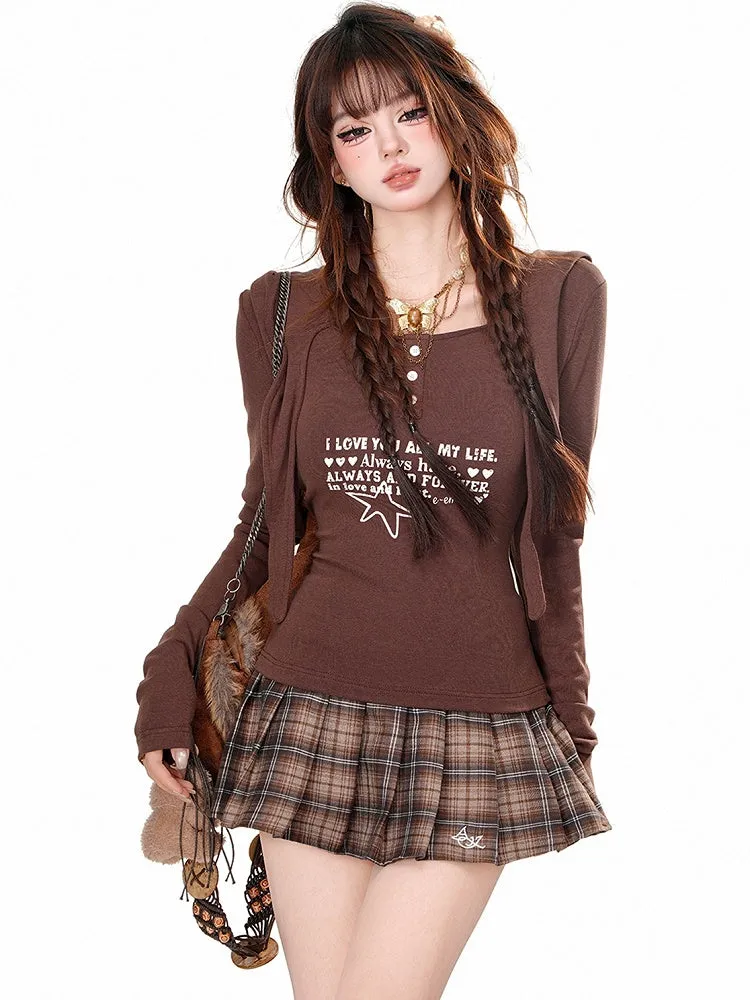 Grey/Brown Letters Print Slim-fit Long Sleeves Hooded Tee