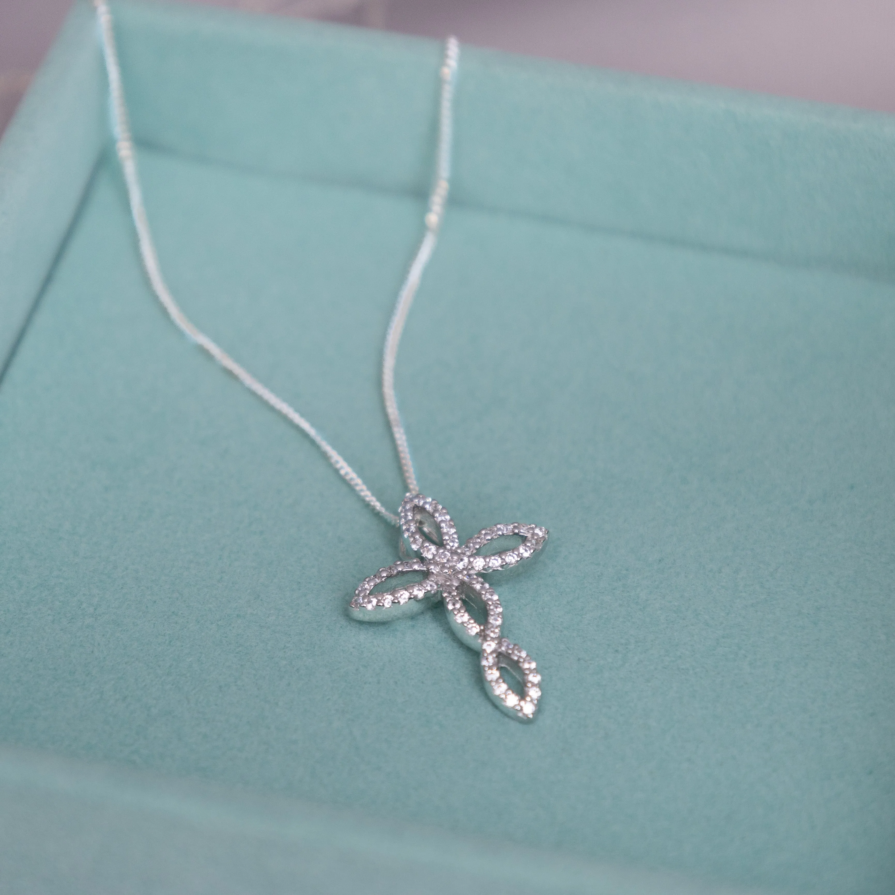 Infinity Cross Pendant Necklace 925 Sterling Silver set with Cubic Zirconia