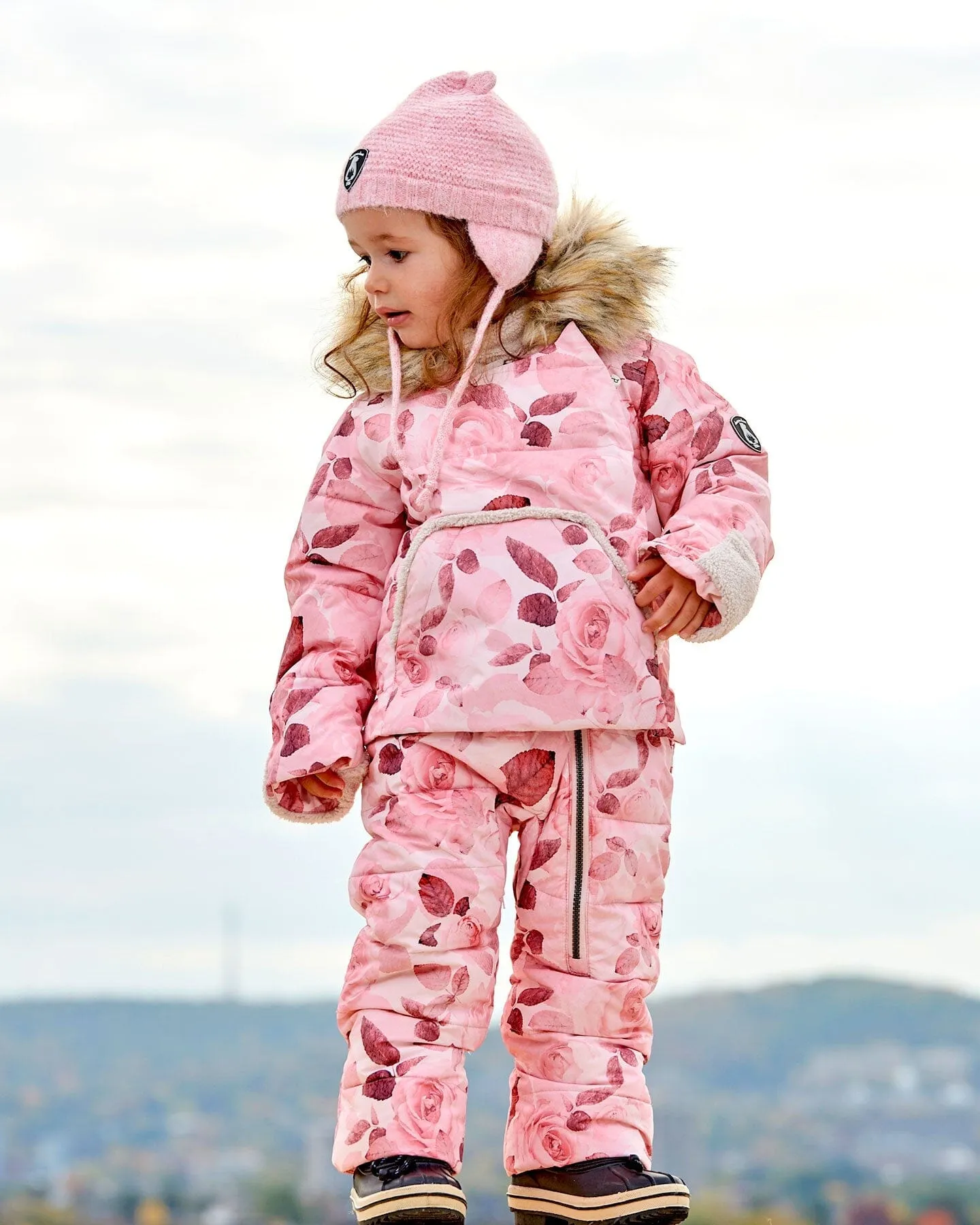 One Piece Baby Hooded Snowsuit Printed Roses Designed For Car Seat
