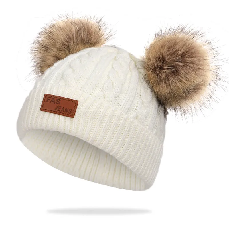 Toddler/ Kid Double Pompon Decor Solid Color Knitted Beanie Hat