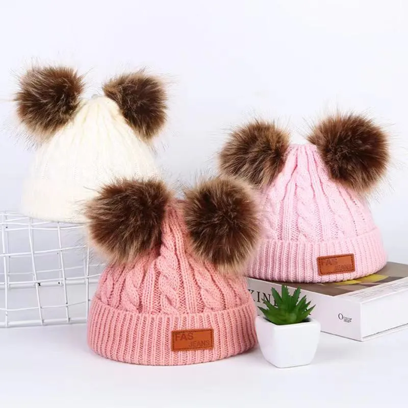 Toddler/ Kid Double Pompon Decor Solid Color Knitted Beanie Hat