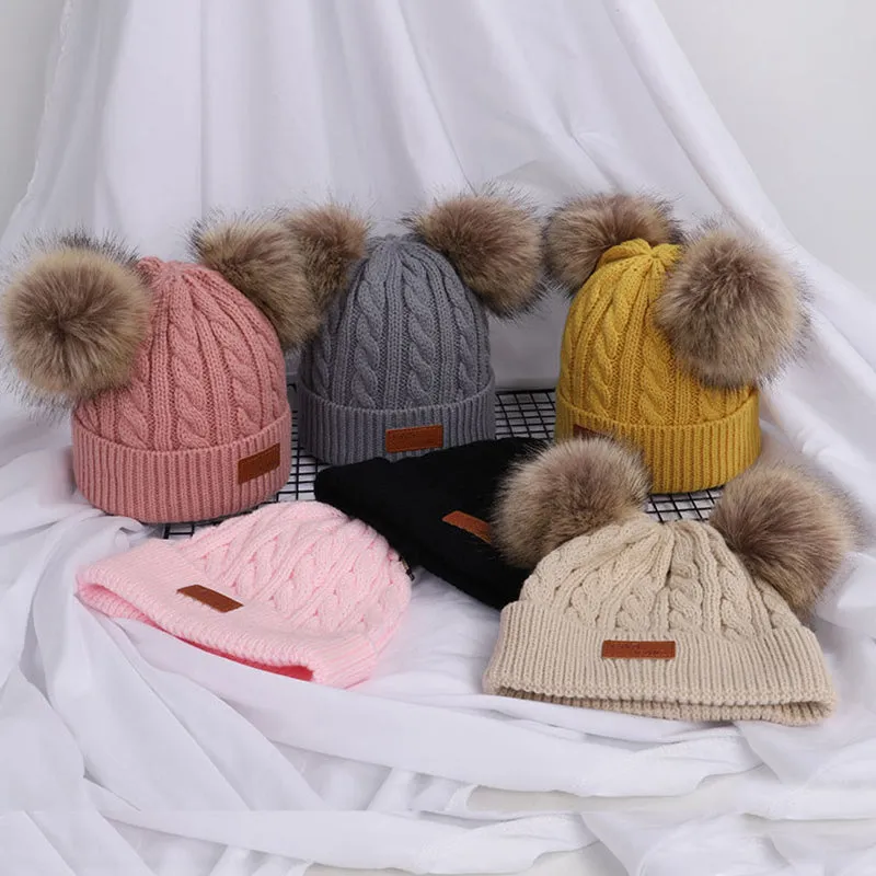 Toddler/ Kid Double Pompon Decor Solid Color Knitted Beanie Hat