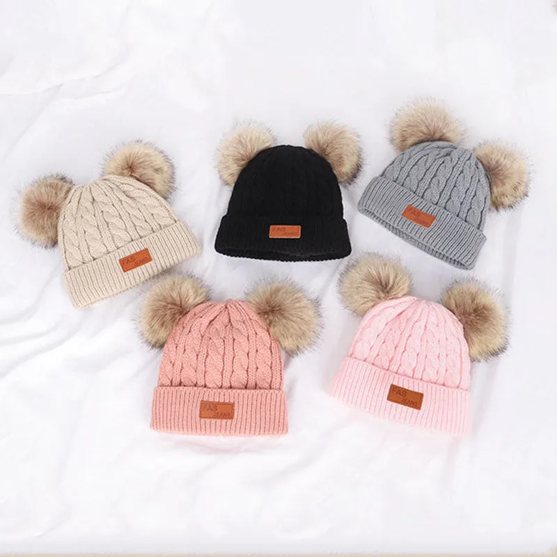 Toddler/ Kid Double Pompon Decor Solid Color Knitted Beanie Hat