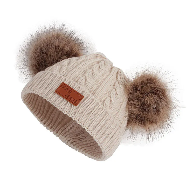 Toddler/ Kid Double Pompon Decor Solid Color Knitted Beanie Hat