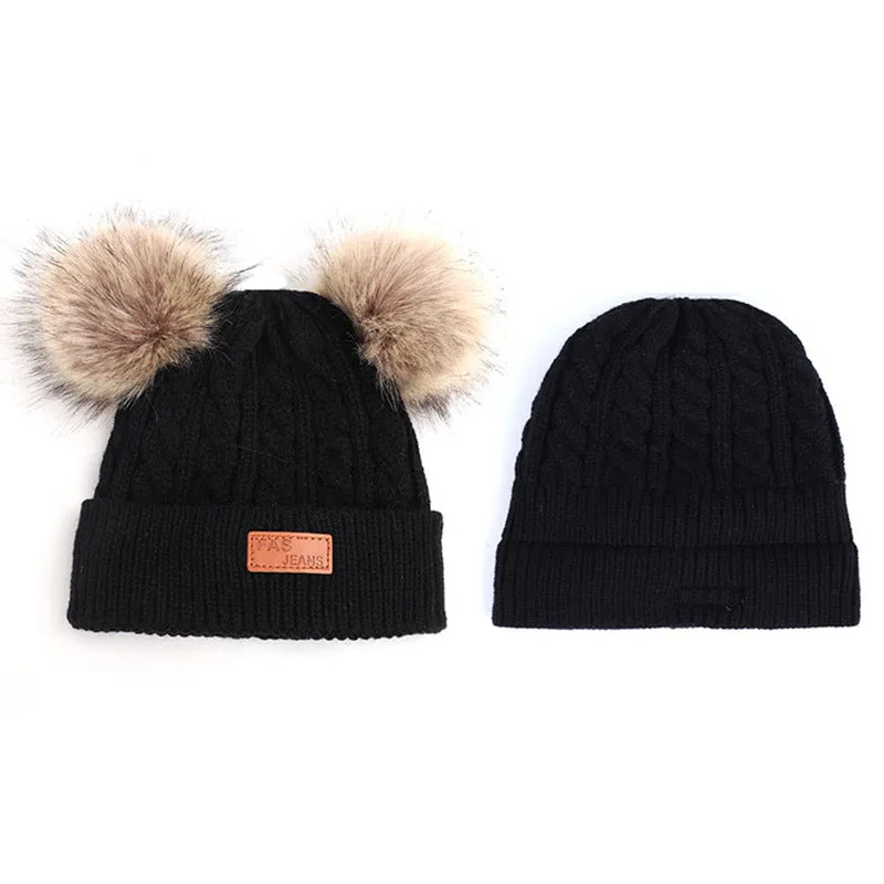 Toddler/ Kid Double Pompon Decor Solid Color Knitted Beanie Hat