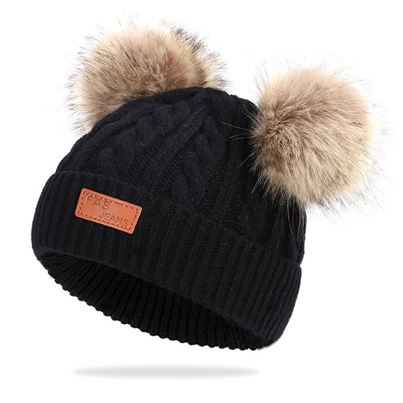 Toddler/ Kid Double Pompon Decor Solid Color Knitted Beanie Hat