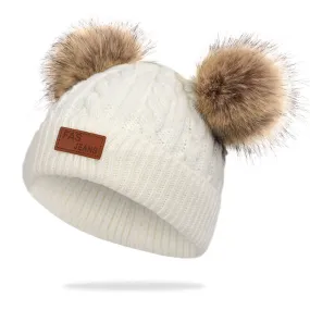 Toddler/ Kid Double Pompon Decor Solid Color Knitted Beanie Hat