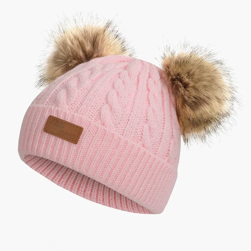 Toddler/ Kid Double Pompon Decor Solid Color Knitted Beanie Hat