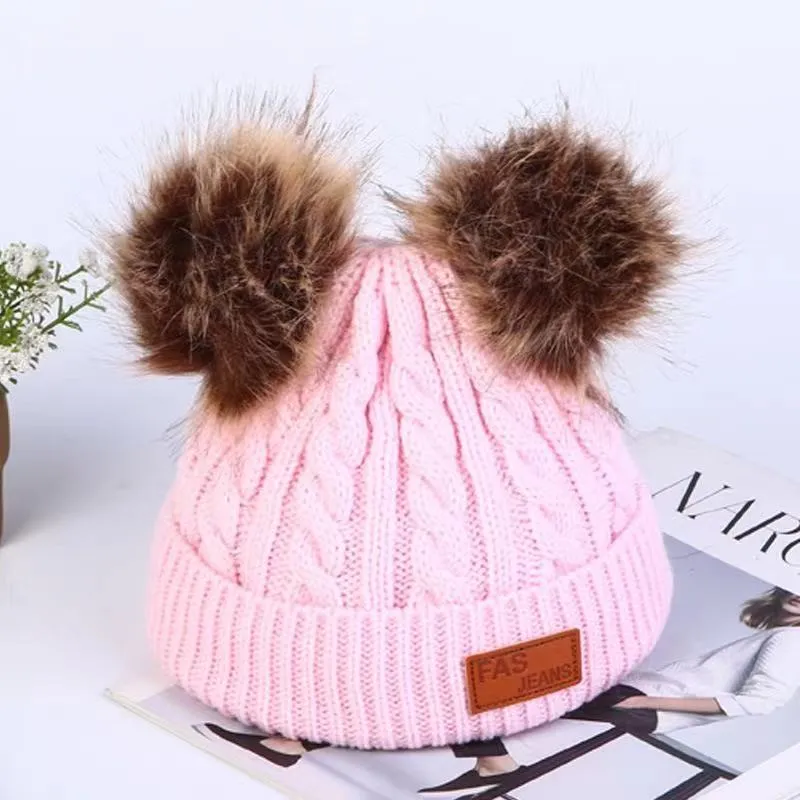 Toddler/ Kid Double Pompon Decor Solid Color Knitted Beanie Hat