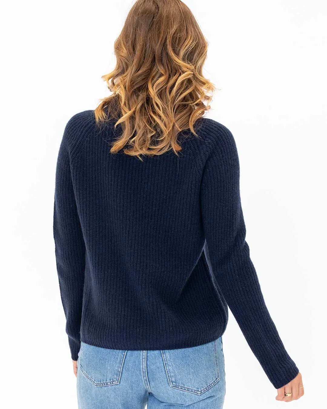 Womans Cashmere Fisherman Crew Sweater in Navy - order size down, runs large