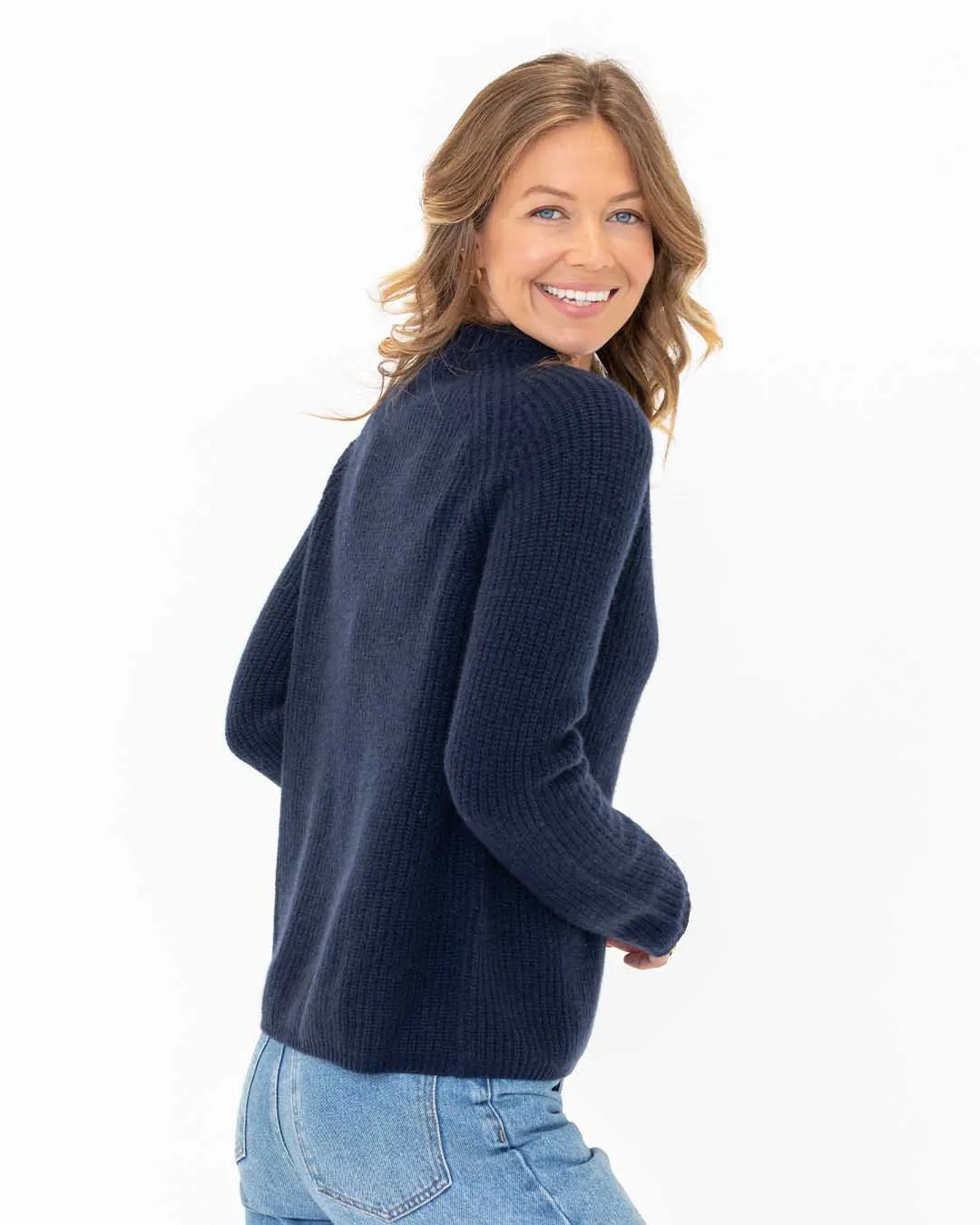 Womans Cashmere Fisherman Crew Sweater in Navy - order size down, runs large